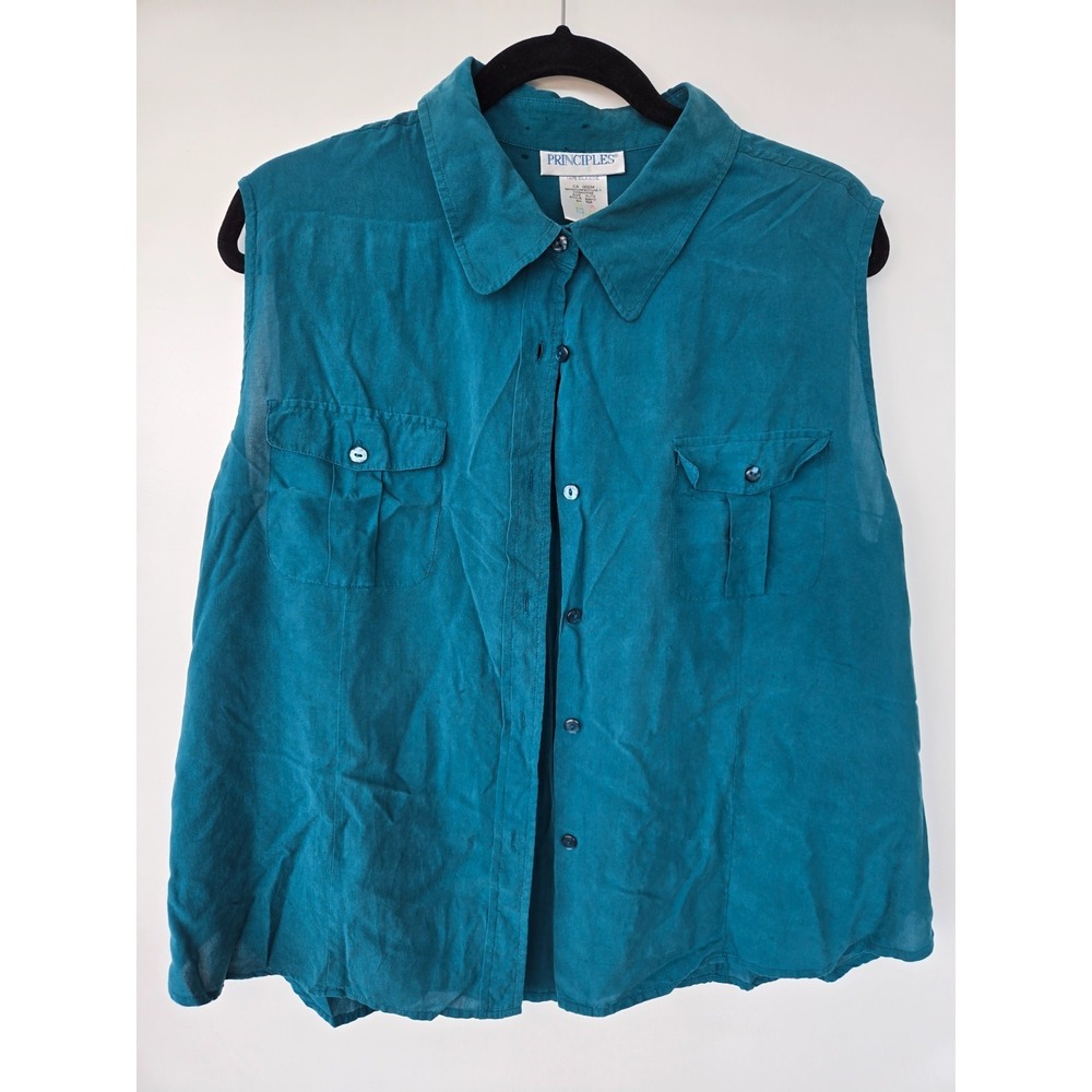 Vtg Silk Shirt Turqoise Green Sleeveless Button Front Collared Utility Retro